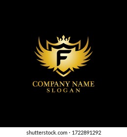 Letter F Shield, Wing and Crown gold in elegant style with black background for Business Logo Template Design, Emblem, Design concept, Creative Symbol, Icon