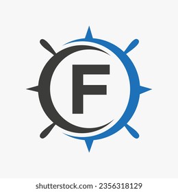 Letter F Ship Logo Concept With Ship Wheel Sign Vector Template