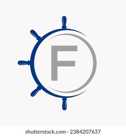 Letter F Ship Logo Concept With Ship Wheel Symbol Vector Template
