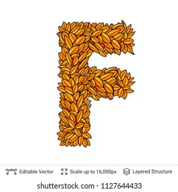 Letter F sign of autumn leaves. Fall bright orange leaves element. 
