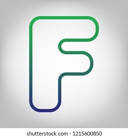 Letter F sign design template element. Vector. Green to blue gradient contour icon at grayish background with light in center.