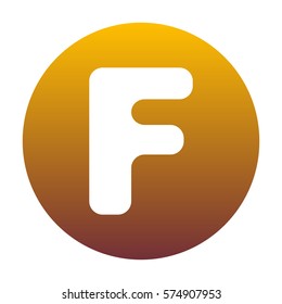 Letter F sign design template element. White icon in circle with golden gradient as background. Isolated.
