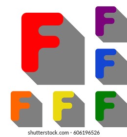 Letter F sign design template element. Set of red, orange, yellow, green, blue and violet icons at white background with flat shadow.