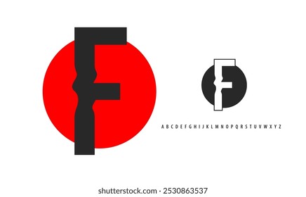 Letter F silhouette on red sun, twisting alphabet. Japanese logo for sushi roll restaurant logo, asian cultural event logotype. Vector logo and typeset