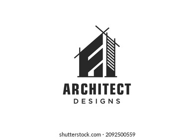 Letter F Simple modern building architecture logo design with line art skyscraper