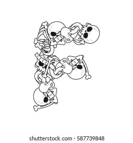 Letter F skeleton Bones Font. Anatomy of an alphabet symbol. dead ABC sign