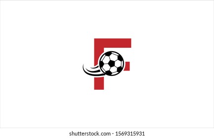 Letter F with soccer ball shot icon and football in flat vector minimalist logo design