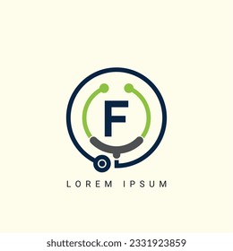 Letter F with Stethoscope Logo Concept sign icon symbol Design. Medical Health care Logotype. Vector illustration template