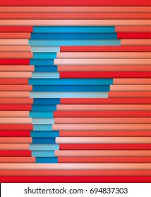 Letter 'F' in stripes design. Background was made by red, pink and orange colors with shadows. Letter was made by blue and cyan stripes. Artwork with depth of field and soft gradient effect on it.