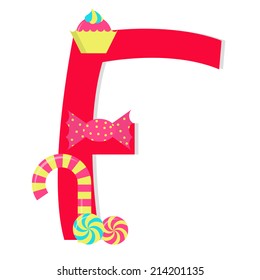 Letter "f" from stylized alphabet with candies. Letter "f" from stylized alphabet with candies: candy stick, Peppermint Candy, Candy wrapped, sweets. White background.