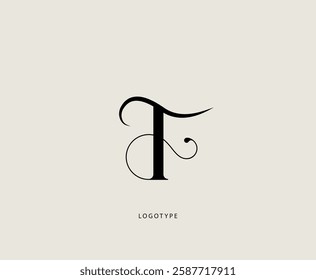 Letter "F"  or "T" vector logo. Elegant minimalist icon. Classic logotype with thin lines and curls.