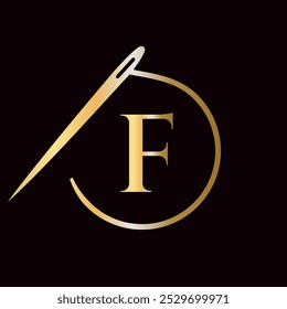 Letter F Tailor Logo, Needle and Thread Logotype for Garment, Embroider, Textile, Fashion, Cloth, Fabric Sign