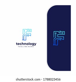 Letter F Technology, Line Dot Connection Logo