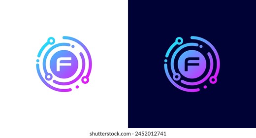 letter F technology logo with circle circuit line style for digital, data, connection