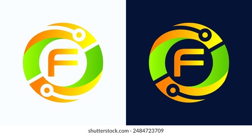 Letter F technology logo with circles and circuit board lines with letter F inside for digital, data, connection in green and orange gradient colors