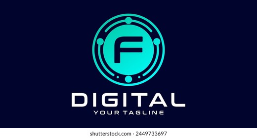 letter F technology logo. Digital font vector design for industry with circuit circles and dots, for digital, technology,data