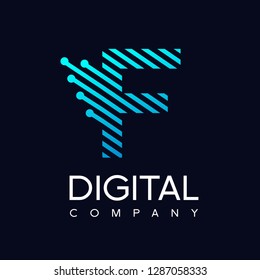 Letter F technology vector logo with gradient color blue. Design with dot, connect and speed symbol. This logo is suitable for industrial, automotive and business.