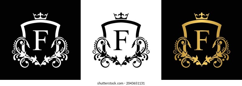 Letter F template logo shield letter with crown. alphabet . Beautiful royal initials letter.
