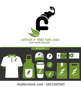 Letter F Thai Tea Vector Logo Design Inspiration for Thai Tea House and Café. Elephant Logo with Tea Leaves Brand Identity Include Shirt. Apron. Hat. Cup. Pin. Business Card. Paper Bag