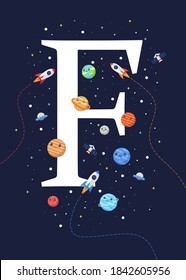 The letter F with the theme of outer space for Children. Letter graphic vector illustration for kids on outer space theme. space kids, letters for children.