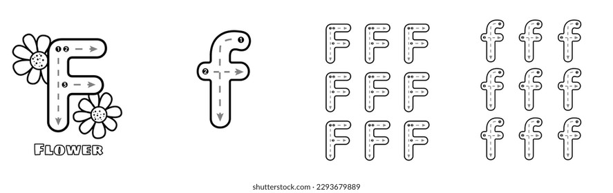 Letter F trace uppercase and lowercase ABC alphabet worksheet for kids English vocabulary. Handwriting tracing practice vector illustration.