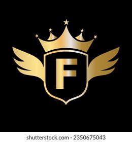 Letter F Transportation Logo With Wing, Shield And Crown Icon. Wing Logo On Shield Symbol