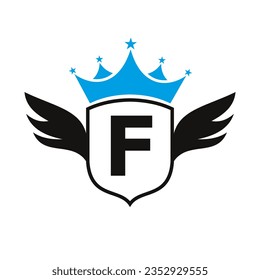 Letter F Transportation Logo With Wing, Shield And Crown Icon. Wing Logo On Shield Symbol