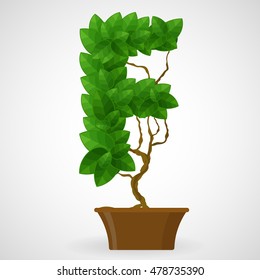 Letter F. Tree in the pot. Vector alphabet letters made of  green leaves.