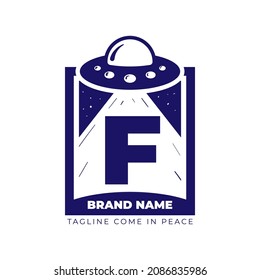 letter F UFO illustration for tee shirt and initial vector logo design
