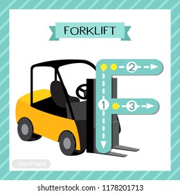 Letter F uppercase cute children colorful transportations ABC alphabet tracing flashcard of Forklift for kids learning English vocabulary and handwriting Vector Illustration.