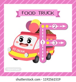 Letter F uppercase cute children colorful transportations ABC alphabet tracing flashcard of Food Truck for kids learning English vocabulary and handwriting Vector Illustration.