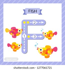 Letter F uppercase cute children colorful zoo and animals ABC alphabet tracing flashcard of Colorful Fish swimming for kids learning English vocabulary and handwriting vector illustration.