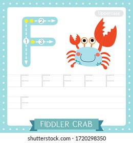 Letter F uppercase cute children colorful zoo and animals ABC alphabet tracing practice worksheet of Fiddler Crab for kids learning English vocabulary and handwriting vector illustration.