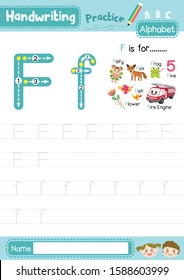 Letter F uppercase and lowercase cute children colorful ABC alphabet trace practice worksheet for kids learning English vocabulary and handwriting layout in A4 vector illustration.