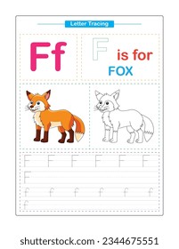 Letter F.  Uppercase and Lowercase. Cute children. Colorful ABC alphabet tracing. Practice worksheet for kids. Learning English vocabulary and handwriting. Letter Trace. Vector illustration