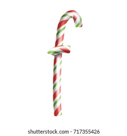 Letter F Vector. 3D Realistic Candy Cane Alphabet Symbol In Christmas Colours. New Year Letter Textured With Red, White. Typography Template. Striped Craft Isolated Object. Xmas Art Illustration