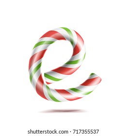 Letter F Vector. 3D Realistic Candy Cane Alphabet Symbol In Christmas Colours. New Year Letter Textured With Red, White. Typography Template. Striped Craft Isolated Object. Xmas Art Illustration