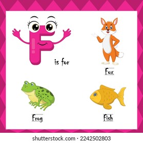 Letter f vector, alphabet f for fox, frog, fish animals, english alphabets learn concept.