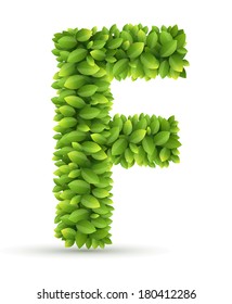 Letter F, vector alphabet of green leaves  on white background
