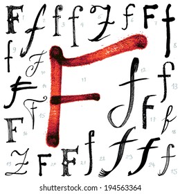 Letter F. Vector alphabet. Hand drawn letters. Letters written with a brush. Spots and blotches.