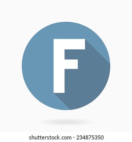 Letter F vector flat icon with long shadow. Blue and white colors