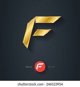 Letter F, Vector gold font. Elegant Template for company logo. Metallic Design element or icon. Pseudo origami style, including flat version.