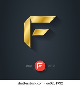 Letter F, Vector gold font. Elegant Template for company logo. Pseudo origami style, including flat version. Metallic Design element or icon.