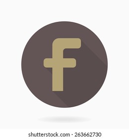 Letter F vector icon with flat design and long shadow. Brown and golden colors