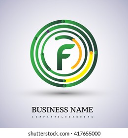 Letter F vector logo symbol in the circle thin line colored green and yellow. Design for your business or company identity.