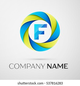 Letter F vector logo symbol in the colorful circle on grey background. Vector template for your design