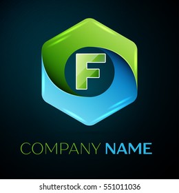 Letter F vector logo symbol in the colorful hexagonal on black background. Vector template for your design
