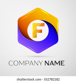 Letter F vector logo symbol in the colorful hexagonal on grey background. Vector template for your design