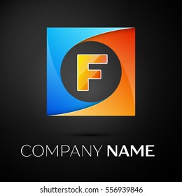 Letter F vector logo symbol in the colorful square on black background. Vector template for your design