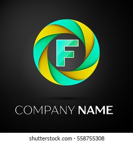 Letter F vector logo symbol in the colorful circle on black background. Vector template for your design
